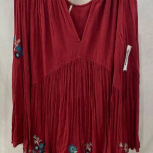 Free People Women's Red/Blue Embroidered Floral Casual Bell Sleeve Blouse - Sz S